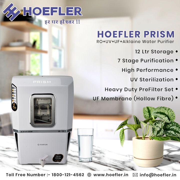 Post image HOEFLER presents RO+UV+UF+Alkaline Water Purifier with advanced features and ABS Storage Tank. 
Attractive design for a Beautiful Kitchen.