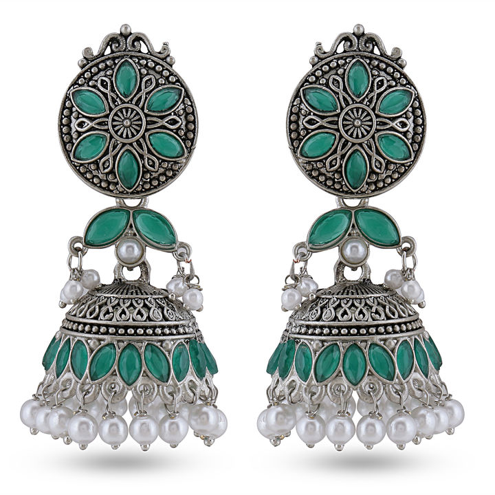 Traditional Indian Design Light Weight Green  Oxidised Silver Zicron Zinc Jhumki Earrings uploaded by Khushi Creation on 1/4/2022