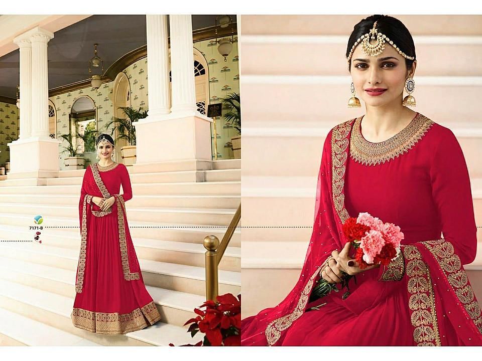 Post image *PF 7171*

 Single Pce Available
*Rate :- 1499/- Nett*

Fabrics Details :-
TOP :- Foux Georgette
  Sleeves :- Foux Georgette
     Length :- Max Up to 53
     Size :- Max Up to 46
     Flair :- 2.40 Mtr

INNER :- Santoon

BOTTOM :- Santoon

DUPATTA :- Nazmin Chiffon

WORK :- Sequence &amp; Jari Dori Codding Embroidery Stich + Stone Work

Type :- Semi Stitched
                          (Material)
Weight :- 1.250 kg
Wash :- First Time Dry Clean
Limited STOCK Available