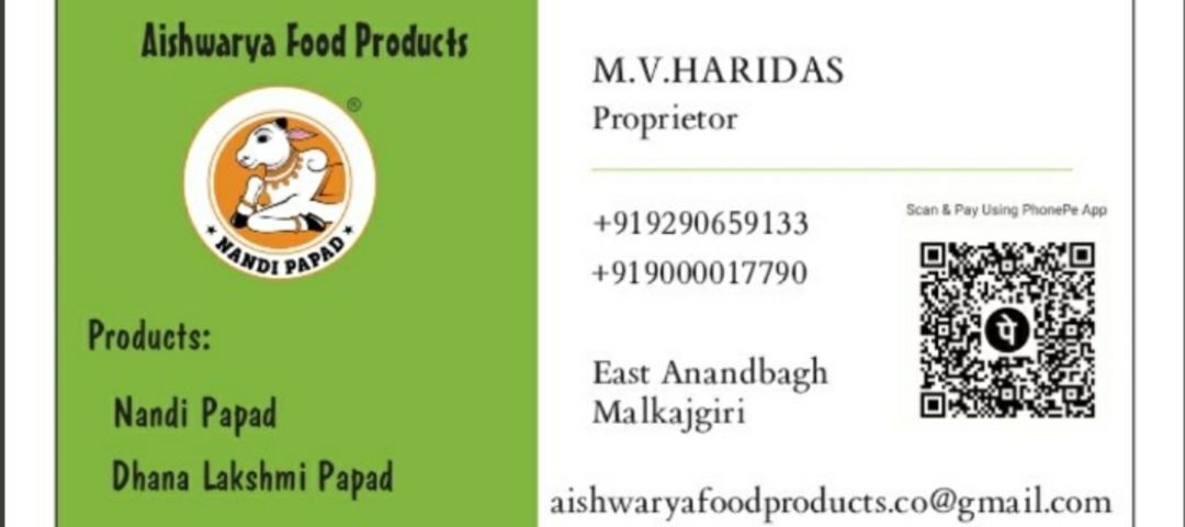 Visiting card store images of Aishwarya Food Products