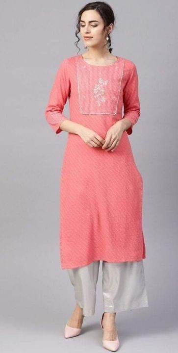 Post image Women Coral Pink Woven Design Straight Kurta.
Coral pink woven design straight kurta with gotta Patti and embroidered detail, has a round neck, three-quarter sleeves, straight hem, and side slits, button closure at the back.
Material: CottonPackage Include: 1 Kurta
Available Sizes: 40" (L), 42" (XL), 44" (XXL)
MRP: Rs. 2,199/-
Offer Price: Rs. 849/-
Limited Stock Available. 
In case you wish to place an order kindly get in contact with us on WhatsApp. +91 9330558851
Item Code: FC - 3759