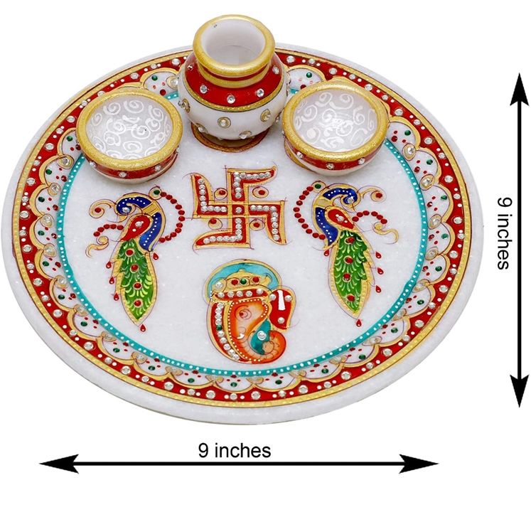 9 Inch Designer Decorative Marble Pooja Thali | Round Shape Handicraft Home Decor Puja Plate Set wit uploaded by business on 1/8/2022
