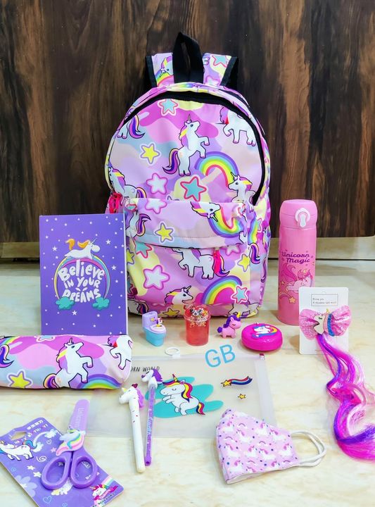 Post image *Unicorn doddle combo*1 bag, 17 inches,2 zips , side pockets, parachute cloth1 insulated bottle, 500 ml , snaplock1 notebook, A5 size, ruled sheets 1 pouch 1 A5 size folder 1 unicorn shimmer hair clip + artificial shaded hair 1 lead pencil 1 water glitter blue gel pen 1 scissors set 1 slime 1 mirror comb set 1 3D eraser 1 sharpener eraser set1 mask, 3 ply cotton
*Rs. 1350+$ 1 kg*
