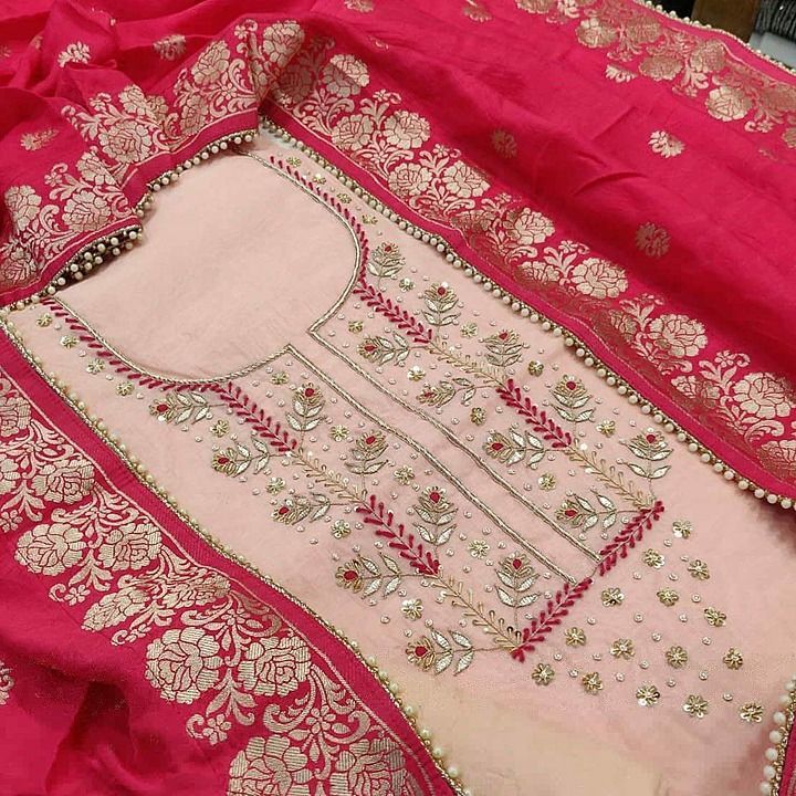 Post image Chanderi silk shirt , with Elegant Handwork neck 
Shantoon bottom 
Soft silk pure Banarsi Dupatta