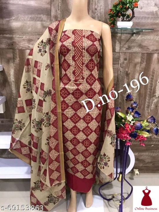Post image Aagyeyi Refined Salwar Suits &amp; Dress MaterialsTop Fabric: Cotton + Top Length: 2.5 MetersBottom Fabric: Cotton + Bottom Length: 2.5 MetersDupatta Fabric: Cotton + Dupatta Length: 2.25 MetersLining Fabric: No LiningType: Un StitchedPattern: PrintedMultipack: Single