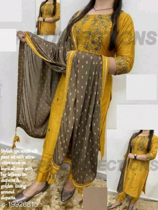 Post image Catalog Name:*Aakarsha Ensemble Women Kurta Sets*Kurta Fabric: RayonBottomwear Fabric: RayonFabric: RayonSleeve Length: Three-Quarter SleevesSet Type: Kurta With Dupatta And BottomwearBottom Type: PantsPattern: EmbroideredMultipack: SingleSizes:M (Bust Size: 38 in, Shoulder Size: 14.5 in, Kurta Waist Size: 36 in, Kurta Hip Size: 40 in, Kurta Length Size: 46 in, Bottom Waist Size: 28 in, Bottom Hip Size: 40 in, Bottom Length Size: 40 in, Duppatta Length Size: 2 in) L (Bust Size: 40 in, Shoulder Size: 15 in, Kurta Waist Size: 38 in, Kurta Hip Size: 42 in, Kurta Length Size: 46 in, Bottom Waist Size: 30 in, Bottom Hip Size: 42 in, Bottom Length Size: 40 in, Duppatta Length Size: 2 in) XL (Bust Size: 42 in, Shoulder Size: 15.5 in, Kurta Waist Size: 40 in, Kurta Hip Size: 44 in, Kurta Length Size: 46 in, Bottom Waist Size: 32 in, Bottom Hip Size: 44 in, Bottom Length Size: 40 in, Duppatta Length Size: 2 in) XXL (Bust Size: 44 m, Shoulder Size: 16 m, Kurta Waist Size: 42 m, Kurta Hip Size: 46 m, Kurta Length Size: 46 m, Bottom Waist Size: 34 m, Bottom Hip Size: 46 m, Bottom Length Size: 40 m, Duppatta Length Size: 2 m) XXXL (Bust Size: 46 in, Shoulder Size: 16.5 in, Kurta Waist Size: 44 in, Kurta Hip Size: 48 in, Kurta Length Size: 46 in, Bottom Waist Size: 36 in, Bottom Hip Size: 48 in, Bottom Length Size: 40 in, Duppatta Length Size: 2 in) 
Easy Returns Available In Case Of Any Issue*Proof of Safe Delivery! Click to know on Safety Standards of Delivery Partners- https://ltl.sh/y_nZrAV3
