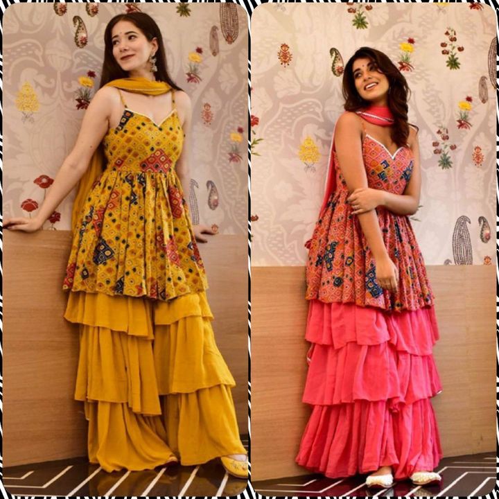 Post image *HK-1303*
♥️ *PRESENTING NEW FANCY DESIGNS DIGITAL PRINT WORK WESTERN TOP - PLAZZO WITH DUPATTA* 👌🏻
🧵 *FABRIC DETAILS* 🧵
👉 *TOP* : HEAVY BUTTER SILK + HEAVY MICRO COTTON INNER WITH FANCY DIGITAL PRINT *(front&amp;back side)* AND UNSTITCHED SHORT *SLEEVE * FABRIC# *TOP LENGTH* : 34-36 INCXL SIZE FULL STITCHED (XXL MARGIN)
👉 *PLAZZO* : HEAVY GEORGETTE SILK + INNER HEAVY MICRO COTTON WITH *3 LAYER* RUFFLES WORK. UP TO XXL. FULL STITCHED # *PLAZZO LENGTH* : 43-45 INC
👉 *DUPATTA* : HEAVY GEORGETTE WITH FANCY LACE BORDER WORK. CUT 2.10-2.20 MTR
👉 *RATE :-1350/-**+ship💃💃*_2 Colour Available_*
👑 *KING OF QUALITY* 👑