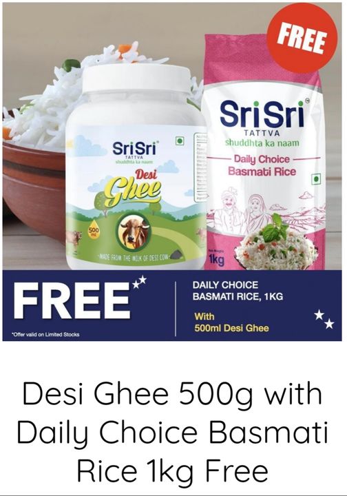 *JayJagannath* Desi Ghee 500g with daily choice basmati rice 1 kg free

*Rs.1500*
*whatsapp.99370454 uploaded by NC Market on 1/12/2022