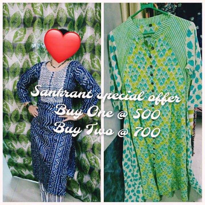 Post image 🎊🥳 *Sankrant Big sale* 🎊🥳
 *Cotton Kurtis* 
Cotton capsule kurti
 *Buy any one kurti at @500* 
 *Buy two @ 700* Limited time offer 
*Quality assurance*
No compromise on quality
*Buy two Kurtis and get one surprise gift free* 
 *Limited time offer*Whstapp me on 8286905339 for bookings 
🕉️🕉️🕉️🕉️🕉️🕉️🕉️🕉️🕉️🕉️🕉️🕉️🕉️