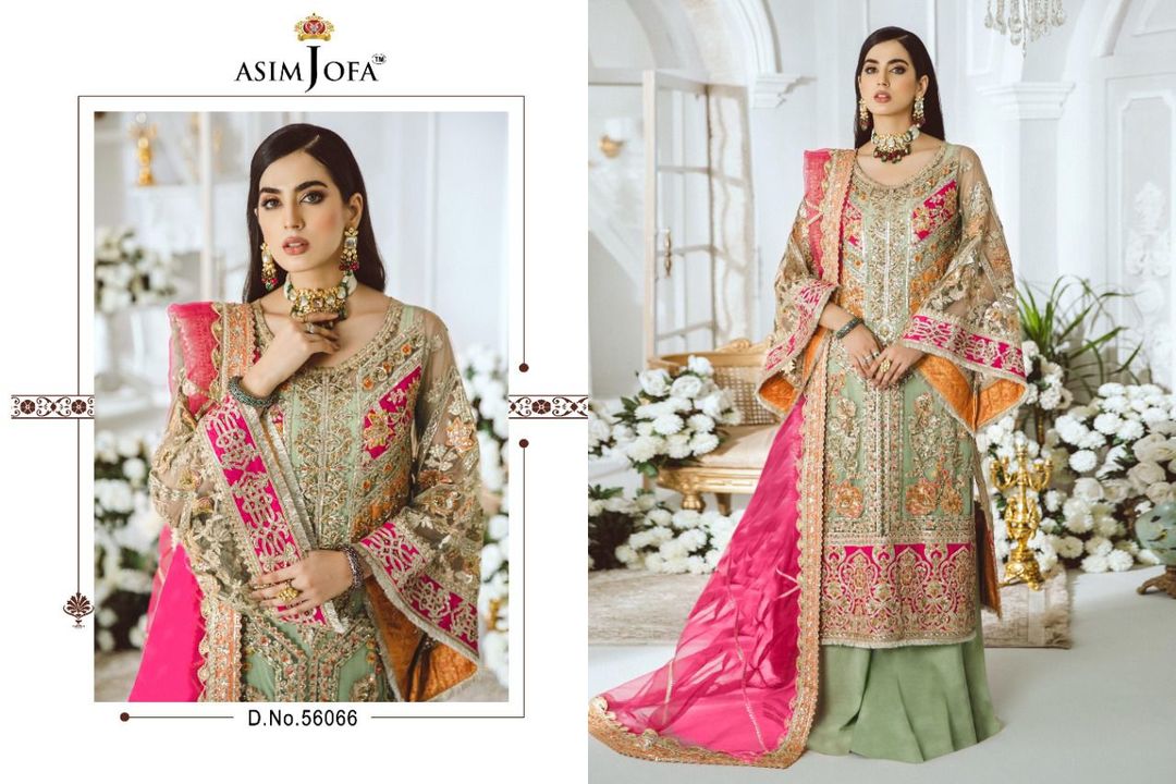 Post image *💖Superhit Desgin in Singles &amp; Multiples💖*
*💕ASIM JOFA™️💕*
*💫Design - 56066
*Exclusive BRIDAL Collection"*
👇🏻Fabric details👇🏻
🔺Top:  HEAVY NET EMBROIDERED WITH HEAVY HANDWORK
🔺Sleeves:Embroidered 
🔺Bottom: SANTOON 
INNER:- HEAVY DULL SANTOON
🔺Dupatta:- NET EMBROIDERED WITH HANDWORK 
Price:- 1699/- Single onlyFree shippingOnline payment
Regards:-ASIMJOFA ™️