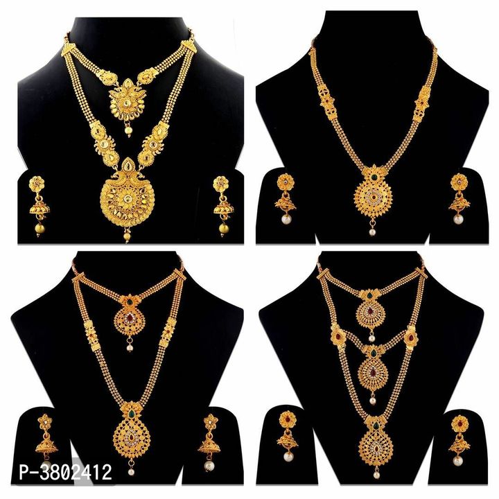 Post image Hello retailers and reseller 4 Gold plated Necklace setPer pcs  190/-Four design as shown in catalogue Free shipping and cod delivery available 
1 set contains 4 different necklace set 
WhatsApp 9158739689
