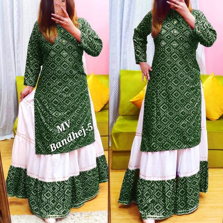 Post image *MV Bandhej-5 New Lonching hit Design  Reyon Kurti with Scurt Set*
*Rate:- 699/+SHIP*  🔥 *Be aware of low quality*🔥  *Fabric details;-👇*
*Kurti :- Heavy Riyon Gold Print**Scurt  :- heavy Riyon Print with Elastic Stiched*
*Tyep - Full Stitichded* *Size  - M,L,XL,XXL*
*This Print Teble Print**wash:-  Dray clean only*———————————————    *MV  A-One quality product*   *Aware of low quality*
👌 *Once Give Opportunity , Coustomer Satisfaction Is Our Goal*