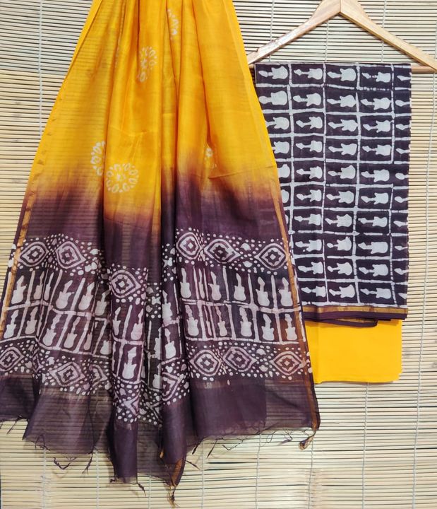 Post image Bagru Handblock Printed Dress materials in chanderi silk in hand block printed.Chanderi top -2.5mCotton bottom -2.5m.Chanderi duppatas -2.5m..