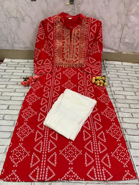 Post image ❣️ *New best Rate* ❣️Premium Reyon  bandhani  kurti with beautiful embroidery &amp; sitara work on yoke....... beautiful less with pant
Size  *38 40 42 44* 
Price= *650* ❣️            *Free ship*
Join whstapp group link for more details https://chat.whatsapp.com/JWaYmnIyrDPBcfZe5OD255
Or mesg on 8286905339