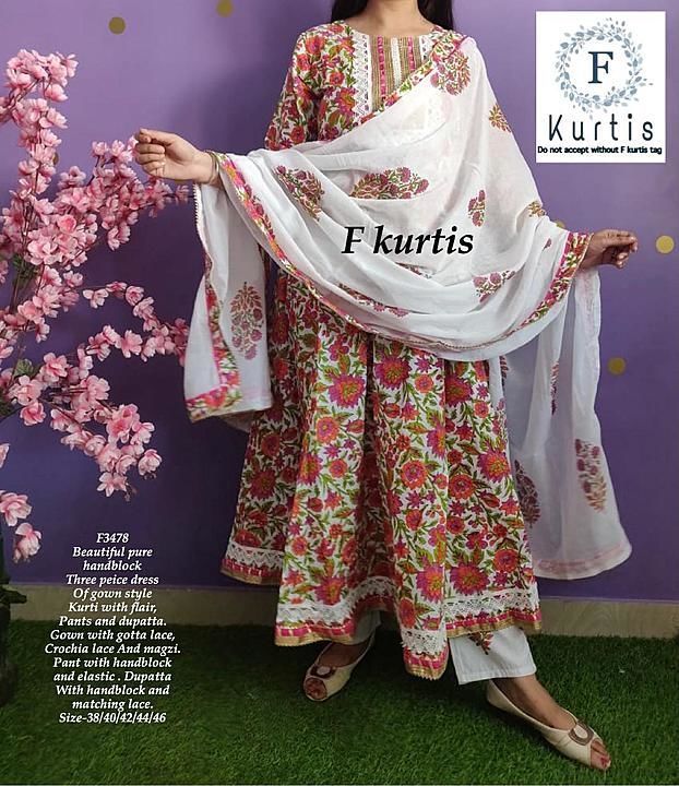 *F3478*

_*Beautiful pure handblock Three peice dress Of gown style Kurti with flair, Pants and dupa uploaded by dresses on 10/1/2020