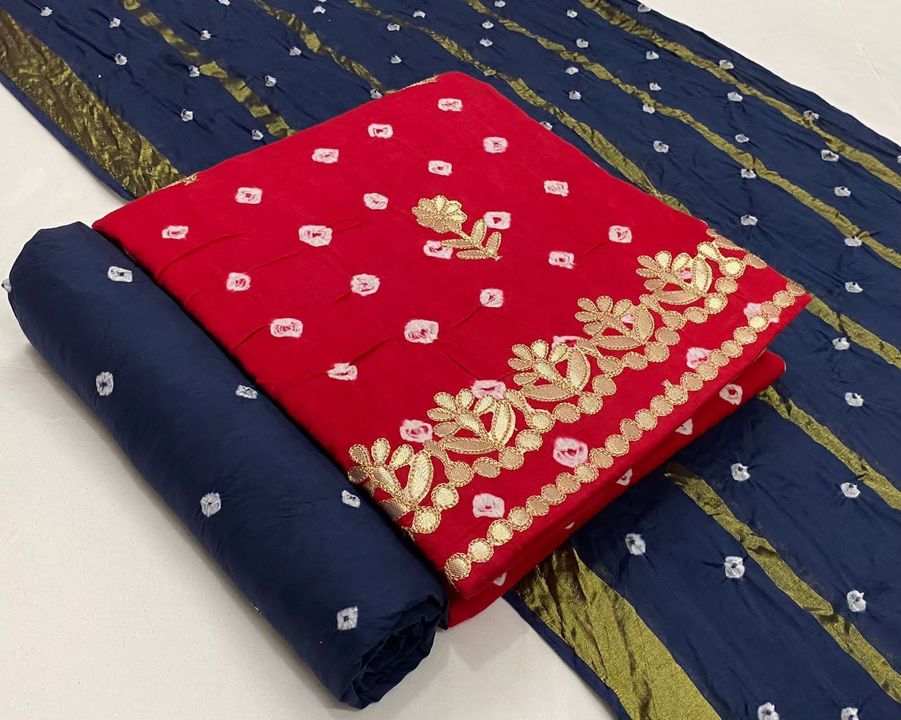 Post image 🍁 *Exclusive GotaPatti Special* 🍁
*Premium Satin Cotton Fabric With Bandhani GotaPatti Work Top &amp; Salwar Dupatta Allover White Bandhej.*
*Top👗  :  2.4m*
*Bottom👖  :  2.4m*
*Dupatta🧣  :  2.4m*


Only 2 pis✔️✔️✔️