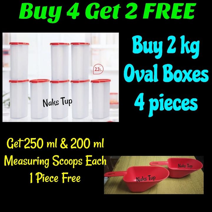 Post image *Buy 4 Get 2 Free*
*Buy 4 pieces of 2 kg Dry Storage Boxes &amp; Get 2 Pieces of 200 ml &amp; 250 ml Measuring Scoops 2 Pieces (Each 1 Piece) Free*
Oval 2kg box
StoreRiceSugarAattaDhallChenna
*4 Piece MRP - ₹.2680+$**Offer Price 4 Pieces - ₹. 1399+$*
Offer upto today 6.30 pm