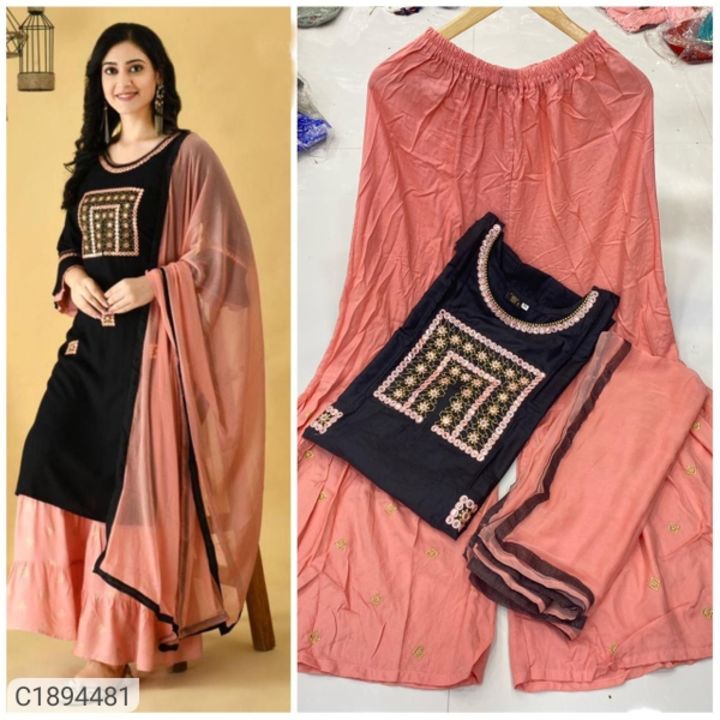 Product Name:* Trendy Rayon Cotton Embroidered Kurti Sharara Set uploaded by business on 1/20/2022