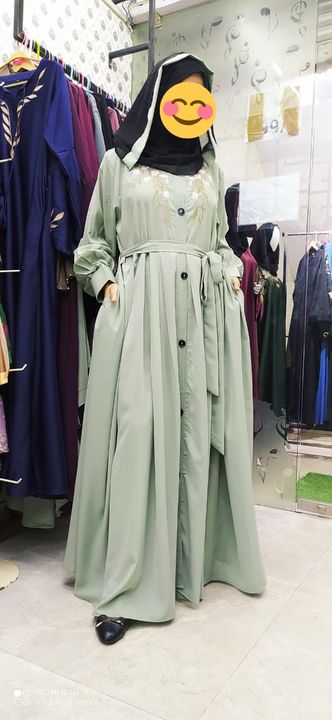 Post image *OFFER PRICE - 1399*

Style - Beautiful Turkish style Gown pattern Front open abaya with belt, Cuff sleeves, front embodiery work,plated abaya 
Fabric - *Firdaus* 
Sizes - 54,56,58
Colours - Black, Navy blue,Pink,Coffe, Light Grey, Dark Grey ,Teal green, wine, Bottle green ,(8 colours )
Shipping -100/ Abaya m