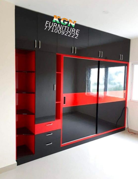 Stylish black and red duble colour combination sliding wardrobe celling touch uploaded by KGN furnitures on 1/20/2022