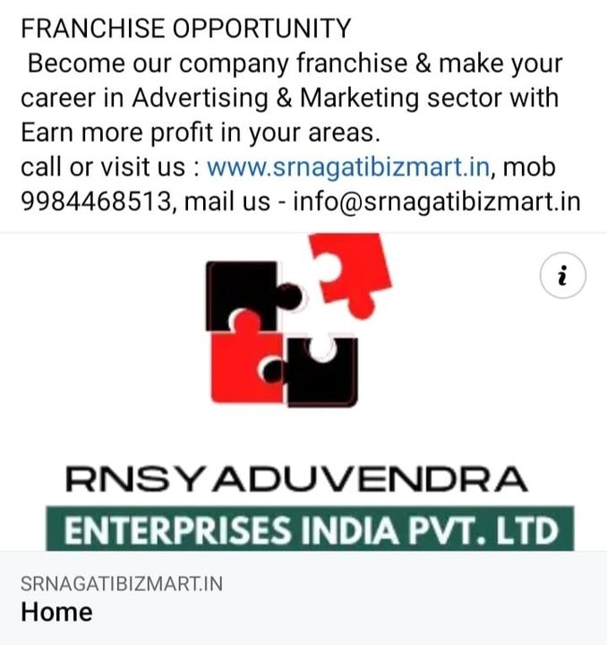 Post image Free Job*Tomorrow interview in RNSYADUVENDRA ENTERPRISES INDIA PVT LTD*www.srnagatibizmart.inProfile - *Business Development Executive &amp; sales executive*
Location - *BDE *(Jharkhand) Jamshedpur,**Ambala, Raipur,noida ,delhi, uttar pradesh Gurgaon*
*(SE) Location- Patna, Lucknow, Kanpur,noida,delhi, Varanasi, Prayagraj*
Qualification - *BDE Graduation Must** Diploma, Must.*
Experience - *BDE Profile minimum 1 years Only . advertising and news reporting experience *
*SE Profile any advertising Marketing or news reporting Experience / Diploma must*
Salary - *BDE upto 20k + 100rs petrol per day+ 250rs mobile+ incentive*
SE- *upto 15k + 100rs petrol+ 250rs mobile*
*Bike, DL and Android mobile must*
If you are interested please
*Call HR Narendra 9984468513 ,for party who want take our franchise in your area also call me at 9984468513