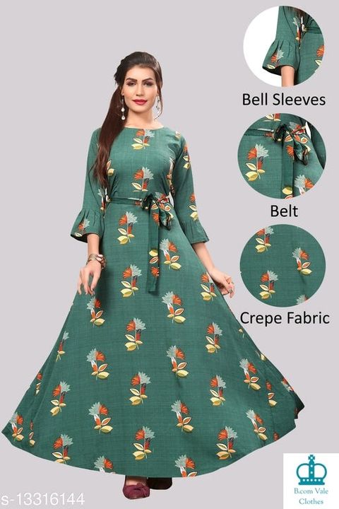 Women’s Crepe Bell Sleeve Floor Length Anarkali Maxi Gown
Fabric: Crepe
Sleeve Length: Three-Quarter uploaded by business on 1/21/2022