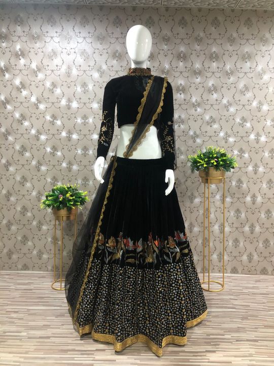 Post image *SKU :- AB-502* (Premium) ✅ *Metal Velvet Lehenga (Semi-Stitch)*
Lehenga Fabric :- Velvet + Heavy Can Can net (19”)Lehenga Inner :- Crape (Double inner) Lehenga Colour :- Black Lehenga Work :- Heavy Embroidery Thread + Zari WorkLehenga Length :- 44"Lehenga Size :- 42"Lehenga Flair :- 3 MtrBlouse Fabric :- Velvet (1.5 MTR) Blouse Colour :- BlackBlouse Work :- Heavy Embroidery Thread + Zari WorkDupatta Fabric :- Net (2.25 Mtr)Dupatta Colour :- Black  Dupatta Work :- Ready Made LaceWeight :- 1.7 KG 
 *Price :-2200
*Note:-*👉🏻 “Colour Variation May Be Change Due To Light ,Camera And Mobile Screen Effect.”👉🏻 Be Aware Of Some Sellers Using Our Shoot Pictures And Selling Cheap Quality👉🏻 4 Pose Modeling Available For Amazone, Flipkart, And All Online Seller