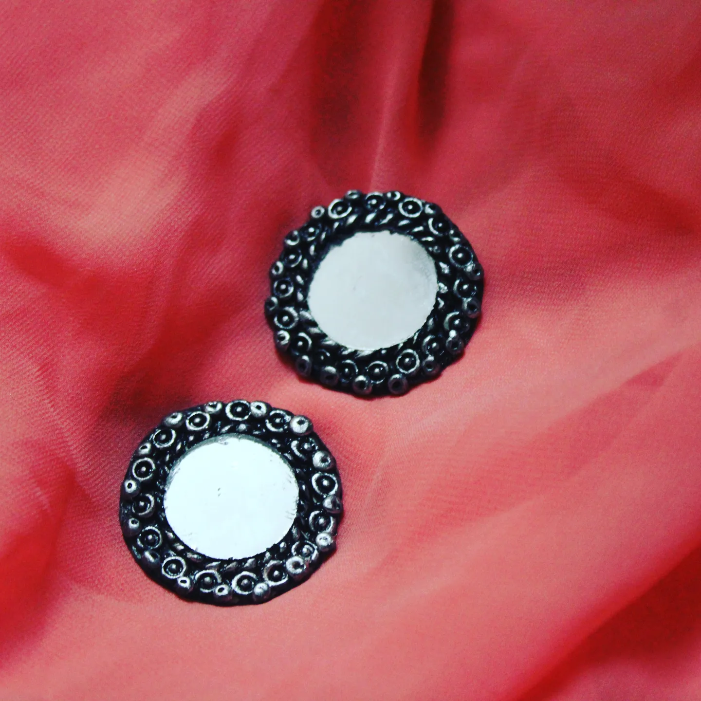 Handmade clay round earrings with miror oxidised coloured uploaded by business on 1/21/2022