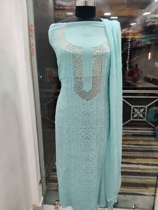 Post image Pure viscose georgett top dupatta setWith heavy Mukesh workTo length 2.5trsDupatta legnth 2.25 mtrsContact for bookingCOD not available