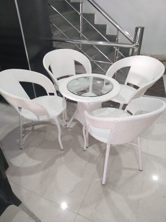 Post image Compact Out-Door Chair-Table Set. Weather Proof Artical. Heavy Fresh PP Quality Indian Vikar. Colour : White, Black, Brown, Green, Pink Etc. Glass : 8MM Clear Glass.