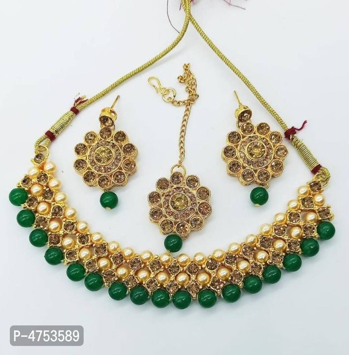Crystal and moti alloy choker set with earrings and maangtikka uploaded by Laxmi on 1/22/2022
