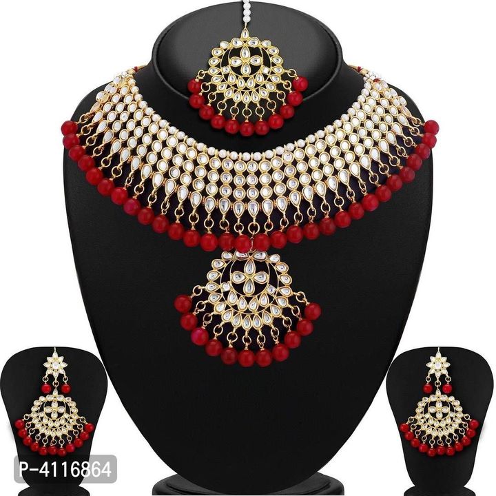 Fashionable kundan beaded fashion jewellery gold plated Necklacesset with Maang Tika uploaded by business on 1/23/2022