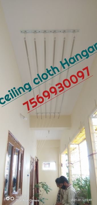 Post image Ceiling Cloth Hanger installing and services *Rope change available (Repair)• మీ బట్టలు ఆరవేయూటకు ఒక సులువైన మార్గంమీ ముందుకు తీసుకొచ్చాముతక్కువ చోటులో ఎక్కువ వినియోగం• Ceiling Hanger is a Permanent solution for drying wet clothes in Balcony &amp; Utility area.• We offer Ceiling Hangers with Luxury Dry, you can easily hang a full load on Ceiling Hangers overhead, without using any floor space at all.• - Every pipe in Ceiling Hangers can be lowered for the convenience of drying and can be mounted back up to the ceiling.• - When not in use, Ceiling Hangers is completely out-of-the-way and out of sight ; no need to fold it or store it.• - Dry your clothes with luxury and Style….• - Available Sizes : 4ft,5ft, 6ft, 7ft , 8ft
• Call or what's app for price enquiry • number 7569930097