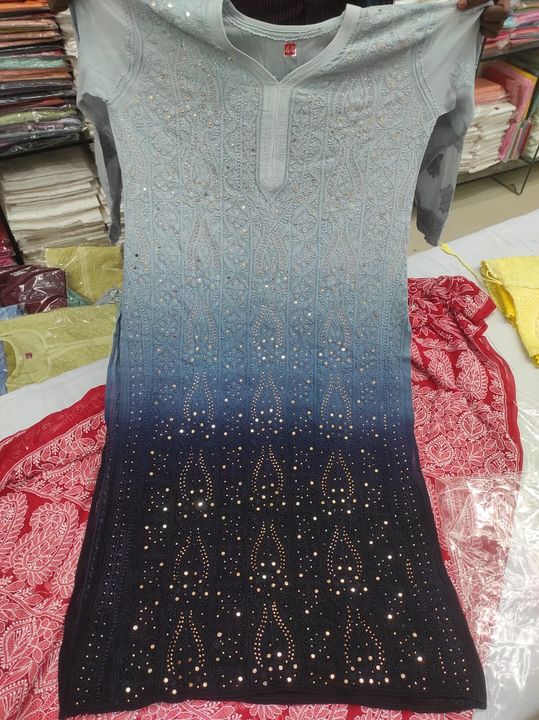 Post image Whatsapp number= 80908 01198 Chikankari dyeable mukaish work long kurti
Fabric. Vescose
Length.46 approx
Size:- 38 to 44
Price:-       1900/-Shipping:- 100/-