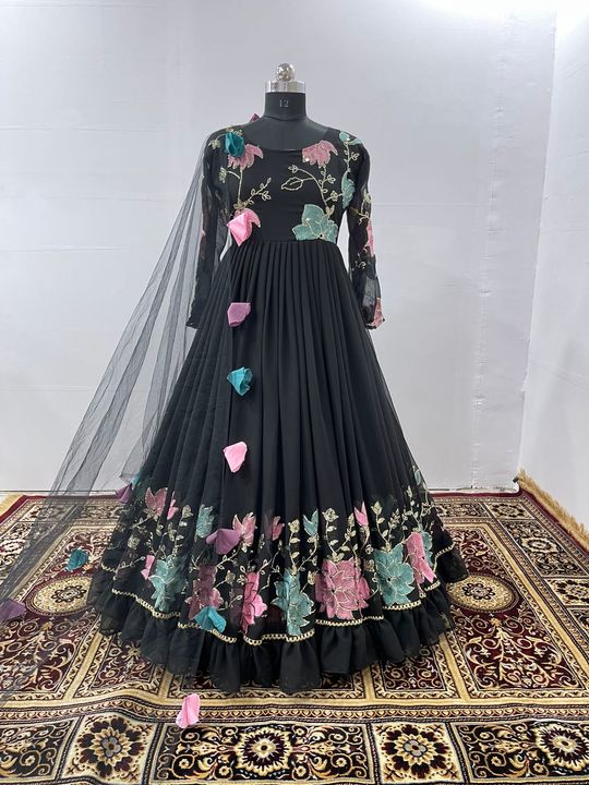 Post image *👉❤️PRESERNTING NEW  FANCY EMBROIDERY SEQUENCE WORK GOWN  WITH TAM-TAM LATKAN BORDER DUPATTA 👍*                                  
*🧵🧶FABRIC DETAILS🧵🧶*
                 *👗GOWN👗*👉*FABRICE* :- Fox Georgette Silk👉*WORK* :- Fancy Sequence Embroidery Work With Full Flair Ruffal Work👉*SLEEVE* :- Full Sleeve With Fancy Sequence Embroidery Work 👉*INNER* :- Micro Cotton 
                 *👗BOTTOM👗*👉*FABRICE* :- No 
                 *👗DUPATTA 👗*👉*FABRICE* :- Naylon Net👉*WORK* :- Four Side Tam-Tam Latkan

*🚨BASIC DETAILS🚨* *✨Gown* :- Fully Stitched*✨Gown Length*  :-  53- 55 Inc*✨Gown Flair* :- 3 Mtr*✨Dupatta Length* :- 2.1 MTR*✨Gown Size* :- L, XL, XXL 
*(🚨🚨Note :- For Special 👉Size L or 👉Size XXL Booking Complsery💯)*