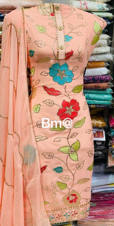 Post image Original products good quality 
Top Georgette with lining embroidery with water sequence work approx 2.30
Bottom + lining sentoon silk approx 4.00
Dupatta Georgette embroidery with water sequence work approx 2.25
Rate 650/-
Limited stock booking fast