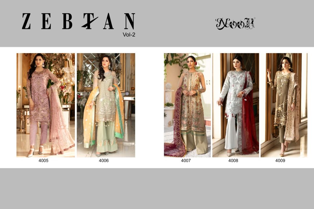 Post image 💕 *ZEBTAN vol_2*🌲
   Premium collection 
     
      👇🏻Fabric details 👇🏻

👗 TOP : Greogette with Heavy Embroidery

D num _4007 butterfly net with havy embodry 

👖 BOTTOM inner - Dul Shantun 

🔺 DUPATTA : Chiffon   With Heavy embeddedry

🔻Price : 💸 *1199/-*
  
❤5 pcs