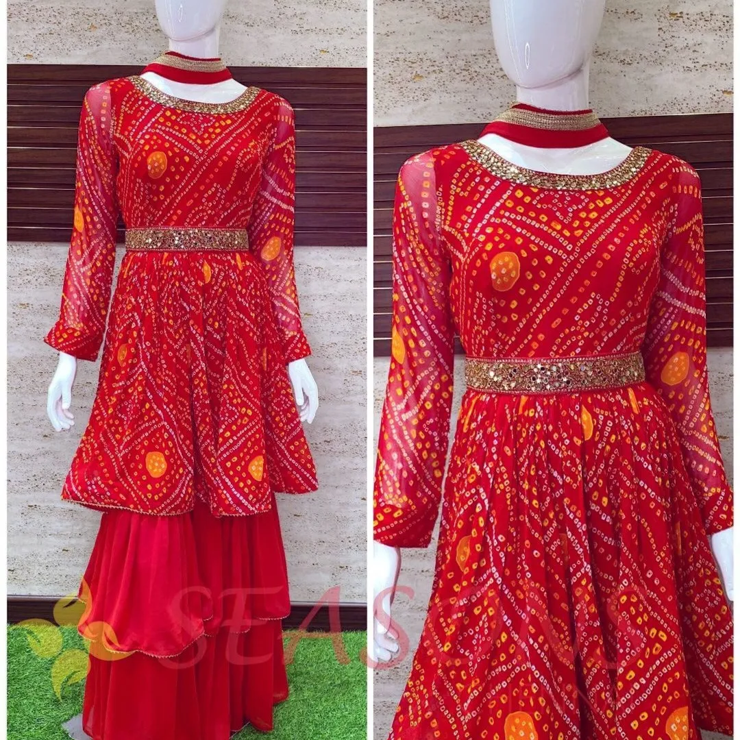 Post image *LC 591*
❤️ PRESENTINS NEW KURTI-SHARARA SET ❤️
♥️ GOOD QUALITY HEAVY  GEORGETTE TOP WITH BEAUTIFUL FULLY STITCH  GEORGETTE SHARARA 
# FABRIC DETAILS:-
👉 TOP       : HEAVY GEORGETTE    WITH DIGITAL PRINT (FULLY STITCHED)👉 SHARARA :  HEAVY GEORGETTE (FULLY STITCHED) &amp; *2 STEP RUFFLE LAYERS*👉🏻 DUPATTA : HEAVY GEORGETTE WITH FANCY LACE BORDER👉🏻 TOP &amp; PLAZZO INNER : *SILK*👉🏻 *WITH EXTRA BELT AVL*
# SIZE DETAILS :-👉 Top Fullystitched up to 44 Size👉🏻 Sharara Fully stitched up to 44 Size