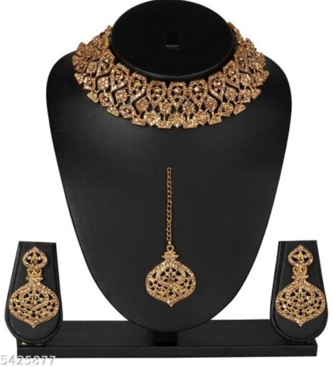 Gold necklace set with earrings and maangtika uploaded by NY Creative jewelry on 1/28/2022