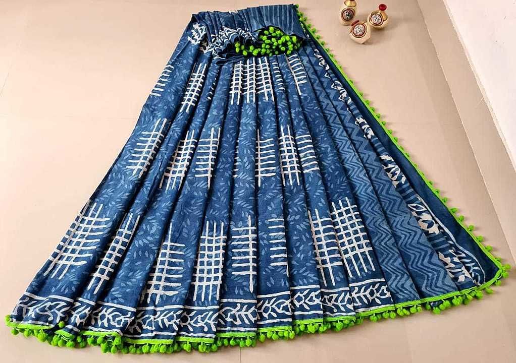 Handblock cotton Mul mul saree with pom pom lace uploaded by business on 10/5/2020