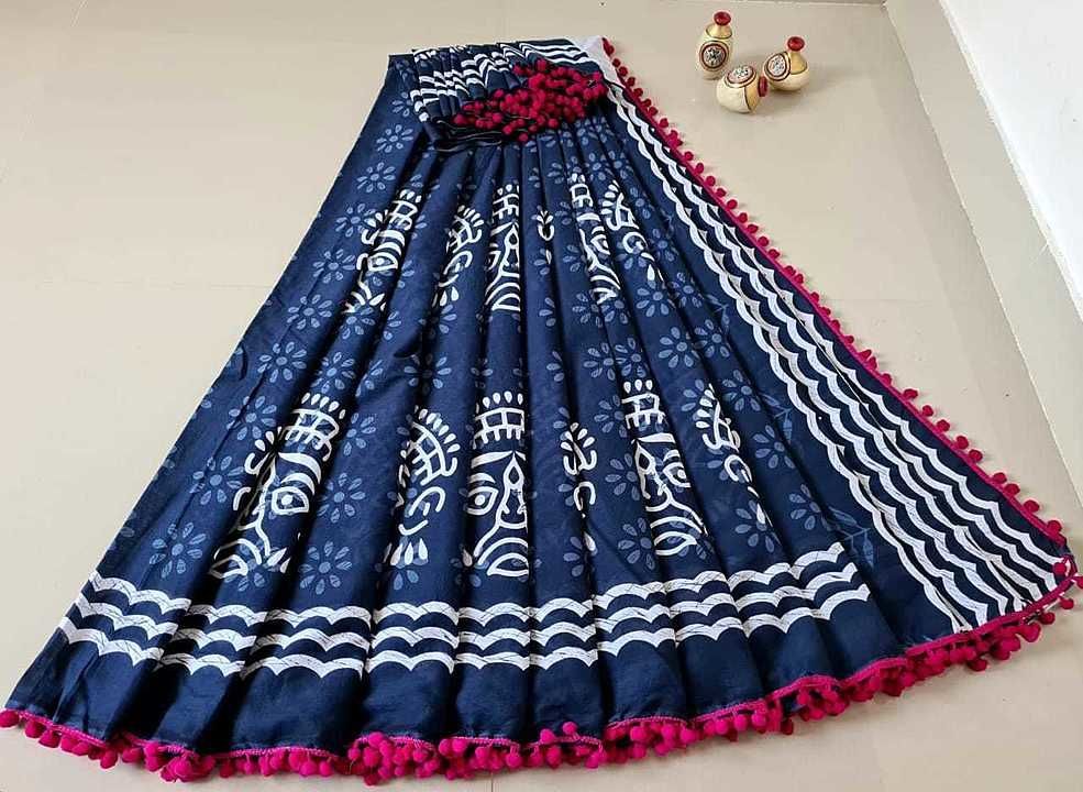 Handblock cotton Mul mul saree with pom pom lace uploaded by Govind hand printers on 10/5/2020