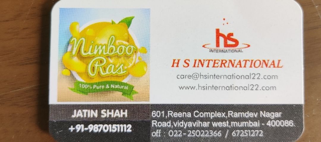 Visiting card store images of H S INTERNATIONAL