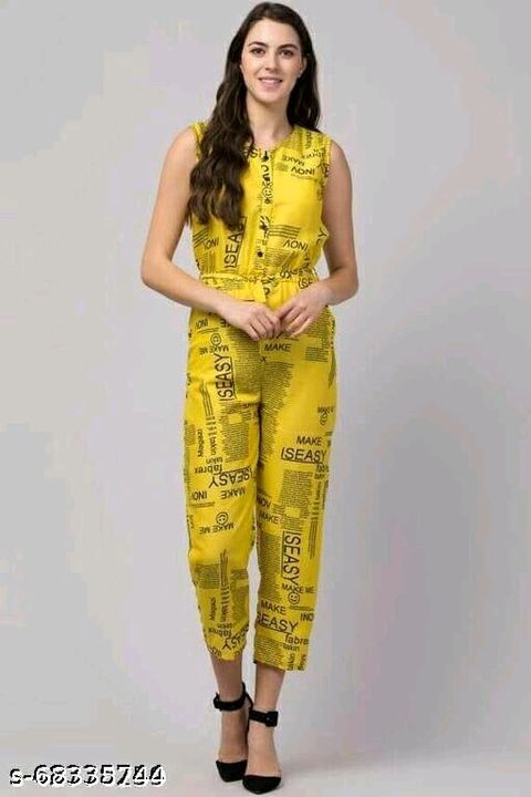 Post image Price:-459/-₹Paper Print JumpsuitFabric: CrepeSizes: S (Bust Size: 36 in, Length Size: 49 in, Waist Size: 34 in) XL (Bust Size: 42 in, Length Size: 49 in, Waist Size: 40 in) L (Bust Size: 40 in, Length Size: 49 in, Waist Size: 38 in) M (Bust Size: 38 in, Length Size: 49 in, Waist Size: 36 in) 
Premium Paper Print Crape Jumpsuit with button on Front Neck