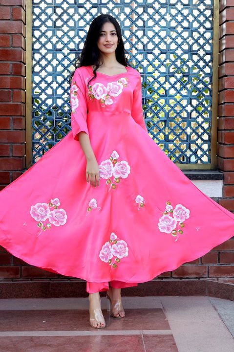 Pink satin hand painted Floral Gown ❣️ uploaded by Sajanii textile on 1/30/2022