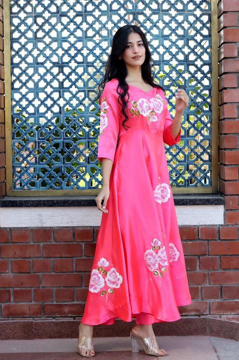 Pink satin hand painted Floral Gown ❣️ uploaded by Sajanii textile on 1/30/2022