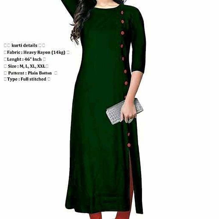Post image Women'S Solid Rayon Kurtis

Fabric: Rayon 14 Kg
 Sleeves: Sleeves Are Included 
 Size: M - 38 in, L - 40 in, XL - 42 in , XXL - 44 in
 Length: Up To 46 in
 Type: Stitched
 Description: It Has 1 Piece Of Women's Kurti
 Work: Button Work
Multy colour available