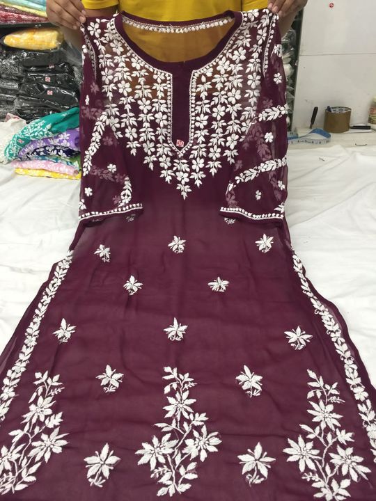 Post image Beautiful long kurti in georgett fabricNeck daman &amp; seleevs EmbroideryMore Colors availableSize availableLegnth 44Contact for booking