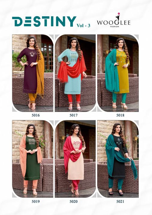 Post image Brand Name : WOOGLEE {MITTOO}
Catalog : DESTINY VOL 3
Design : 6
Top : Nylone Viscose &amp; ChinonWork : Handwork &amp; EmbroideryBottom : Cotton Lycra with Embroidary workDuppta : Chanderi Viscose with Work
Size : M(38), L(40), XL(42), XXL(44), 3XL(46)
Rate : Rs 1295 / Pic 
Ready To Disptch 
*Special Intruction : Do not hard press or iron on nylone viscose fabric*