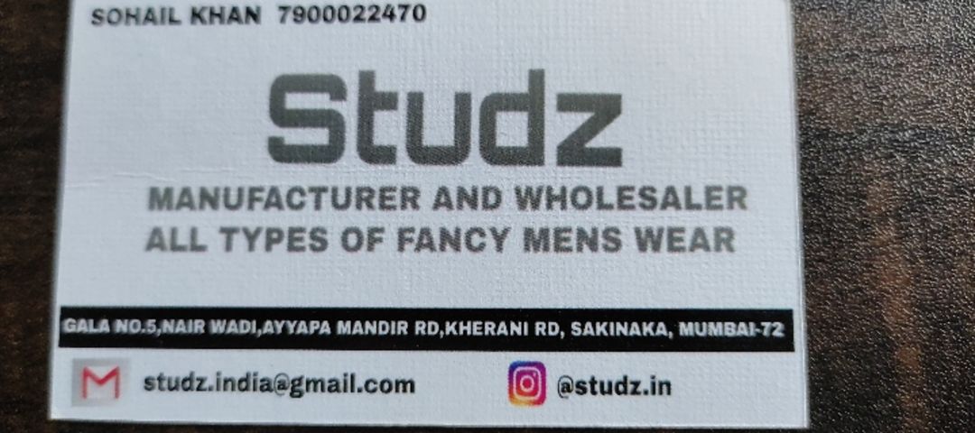 Visiting card store images of Studz clothing