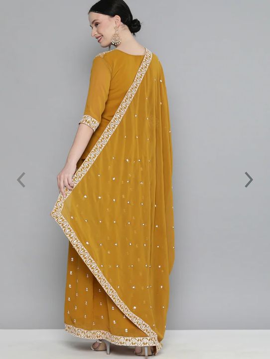 WOMEN MUSTARD YELLOW FLORAL REGULAR SEQUINNED KURTI WITH SKIRT WITH DUPATTA uploaded by business on 2/1/2022